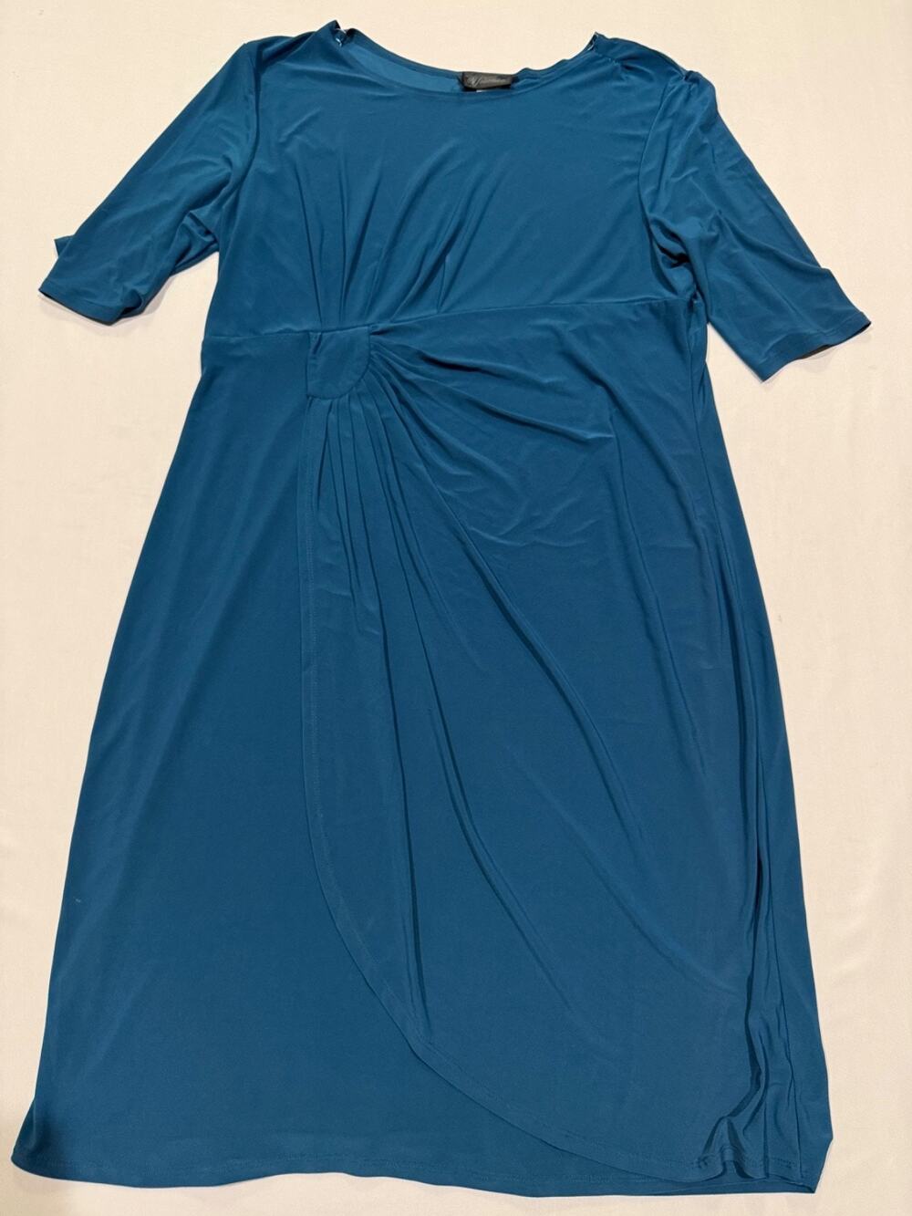 Yesenia XL Blue Dress Made USA 100% Rayon Ruched Draped Midi Stretch